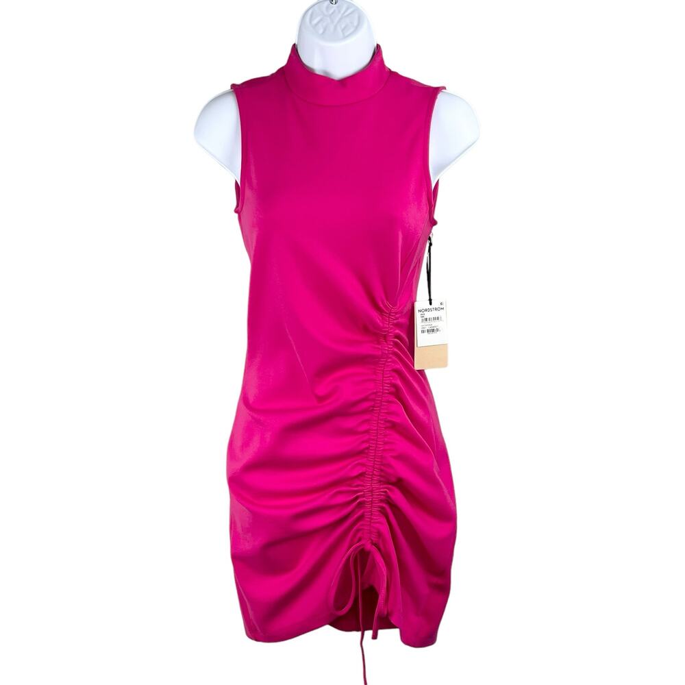 Halogen Cabernet Hot Pink Sleeveless Bodycon Ruched Mock Neck Mini Dress XXS NWT